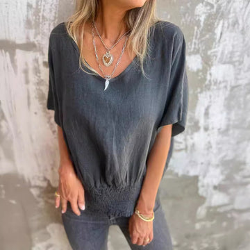 European And American Summer Loose Women's V-neck Casual Cotton Linen Top