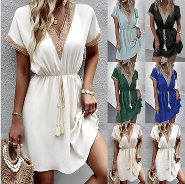 Spring And Summer Solid Color Short-sleeved Lace V-neck Waist Dress